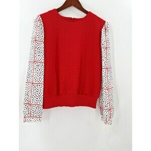 Y2K VINTAGE Allison Jay Red Knit Body Sweater with Patterned Sheer Sleeve MEDIUM